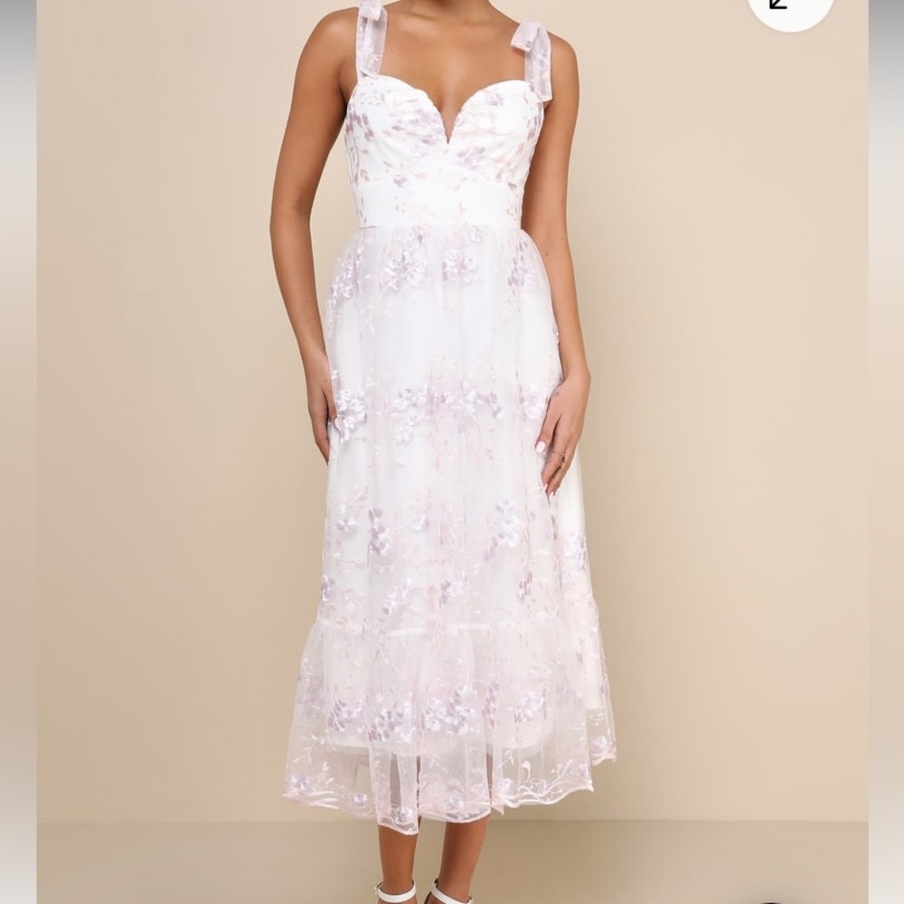 New: Lulus Distinctly Sweet White Floral Embroidered Tie-Strap Midi. Size Med - Picture 2 of 12